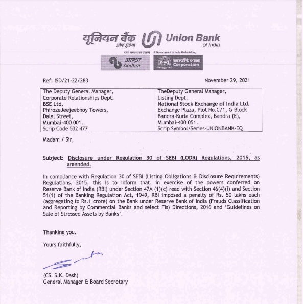 Corporate Annoucement- RBI imposes Rs 1 cr fine on Union Bank ...